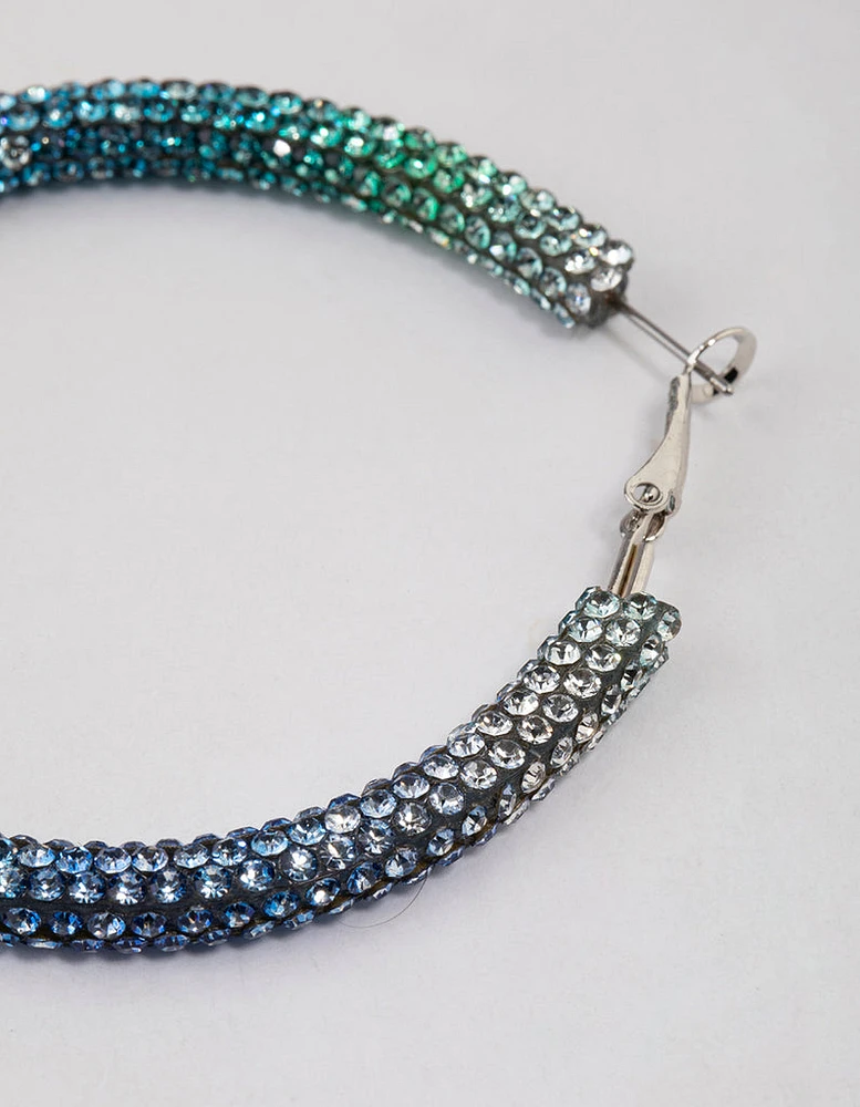 Rhodium Blue Jet Crusted Hoop Earrings