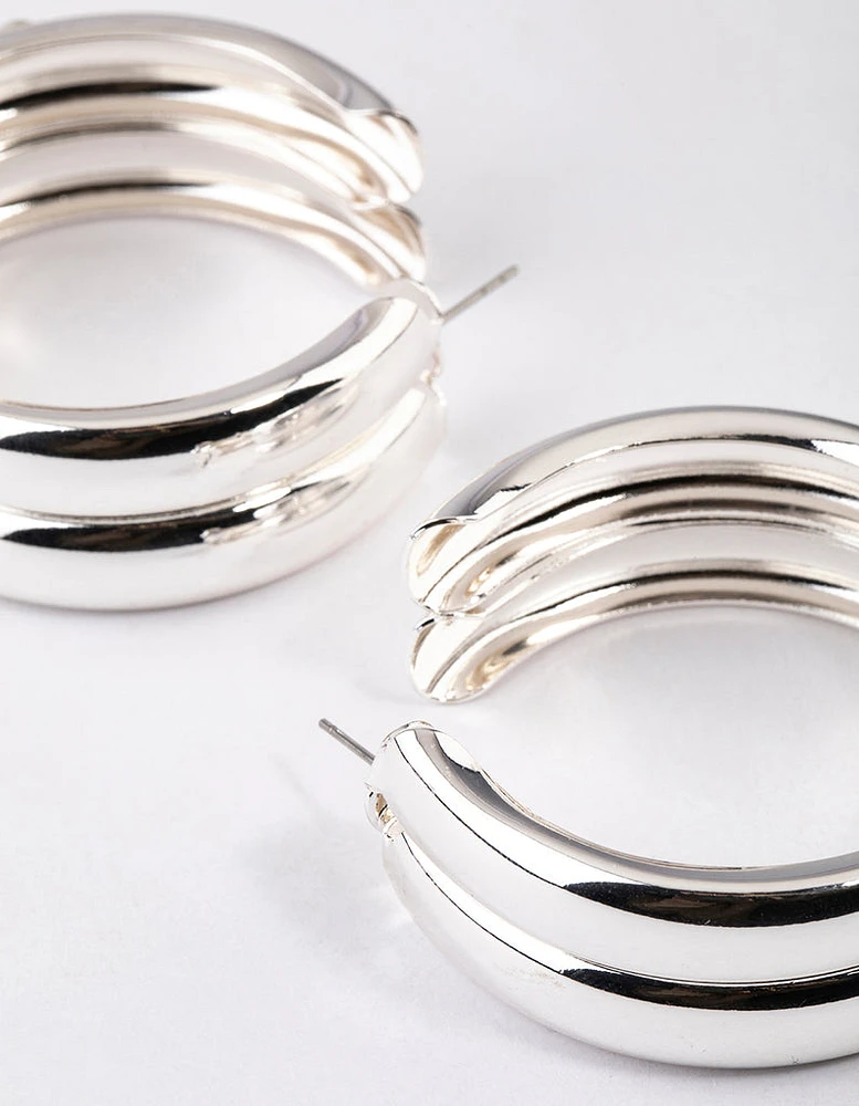 Silver Double Rib Hoop Earrings 40mm