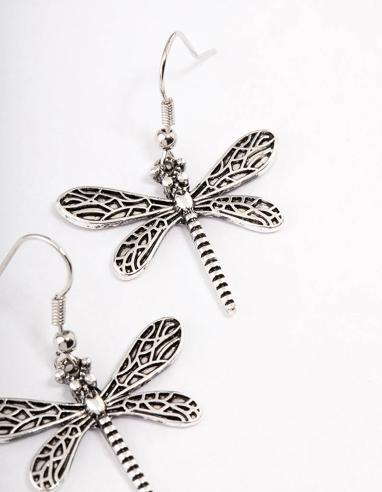 Antique Silver Dragonfly Drop Earrings