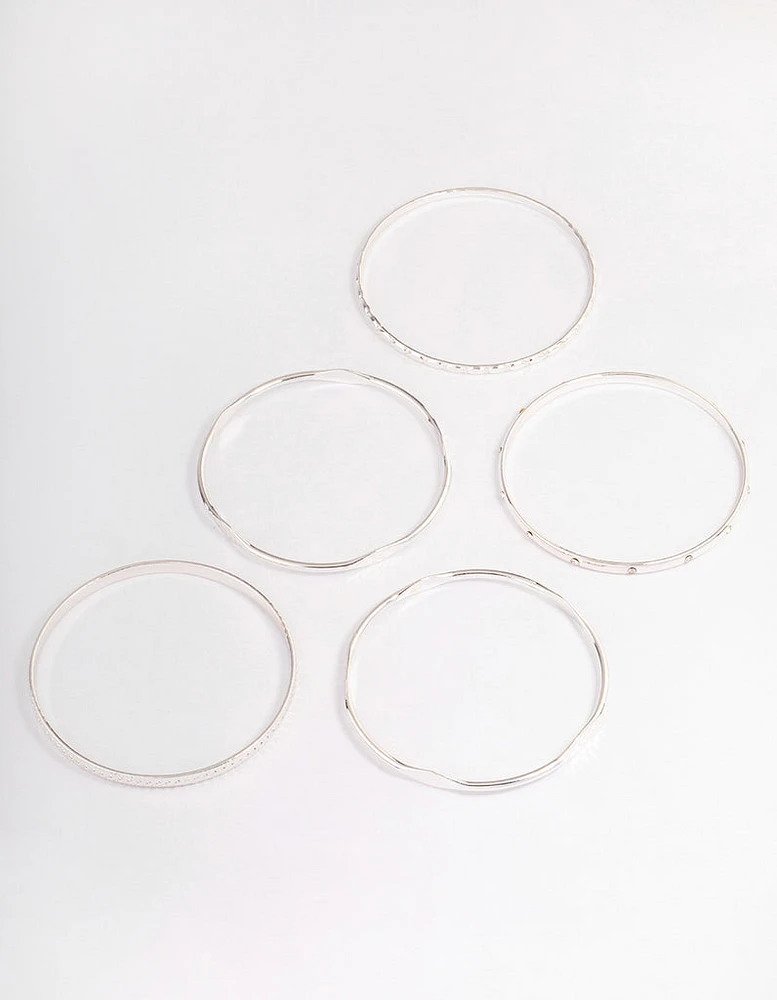 Silver Mixed Hammered Bangle 5-Pack