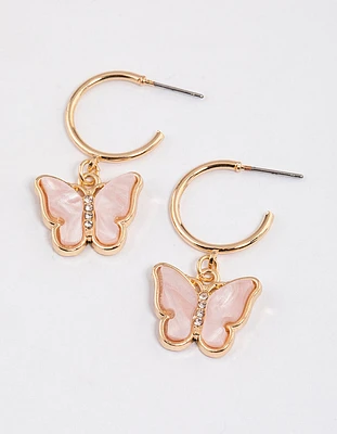 Pink Acrylic Butterfly Hoop Drop Earrings