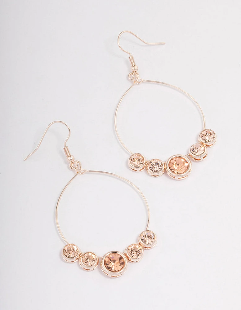 Rose Gold Pink Diamante Fine Hoop Drop Earrings