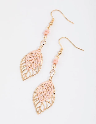 Pink Filigree Leaf Drop Earrings