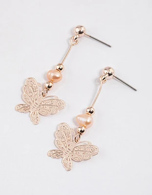 Rose Gold Filigree Butterfly Pearl Drop Earrings