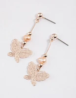 Rose Gold Filigree Butterfly Pearl Drop Earrings