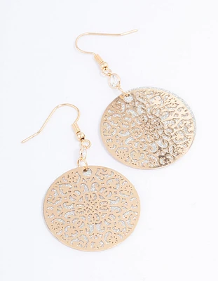 Gold Glitter Filigree Disc Drop Earrings