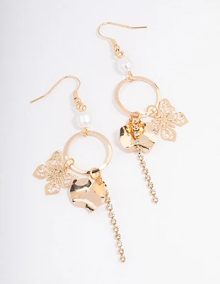 Gold Pearl & Diamante Butterfly Drop Earrings