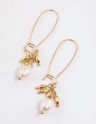 Gold Pearl Long Fish Hook Drop Earrings