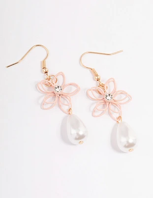 Pink Wire Flower Pearl Drop Earrings