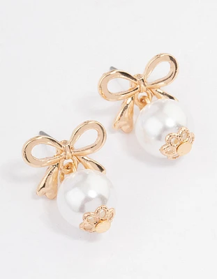 Gold Bow Pearl Drop Earrings