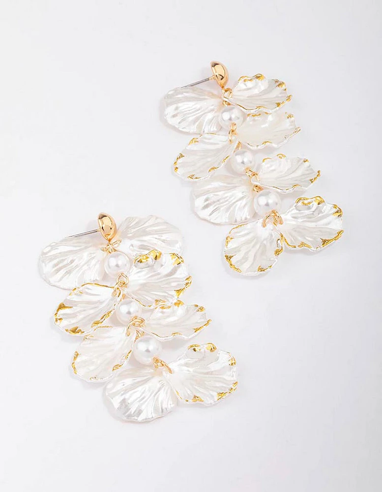 Gold Pearlised Petal Drop Earrings