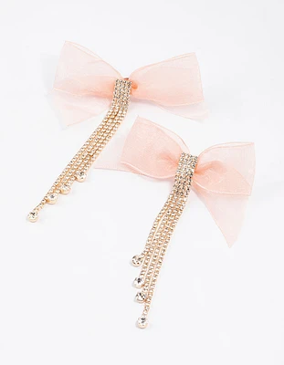 Gold Fabric Bow Diamante Drop Earrings