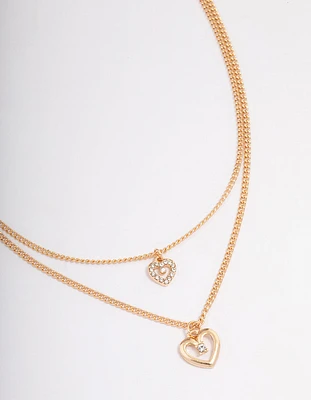 Gold Double Chain Heart Diamante Necklace