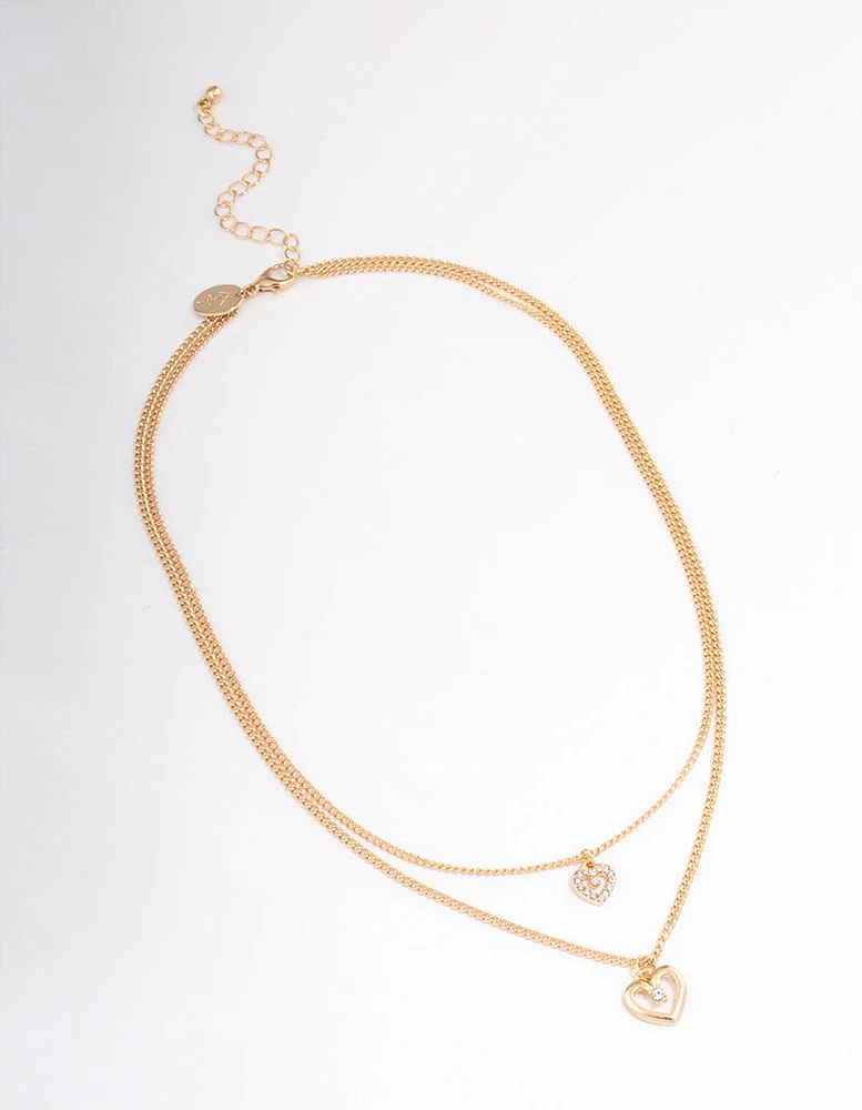 Gold Double Chain Heart Diamante Necklace