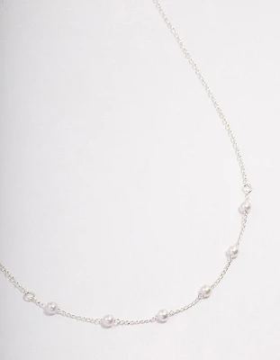 Silver Dainty Pearl Station Necklace