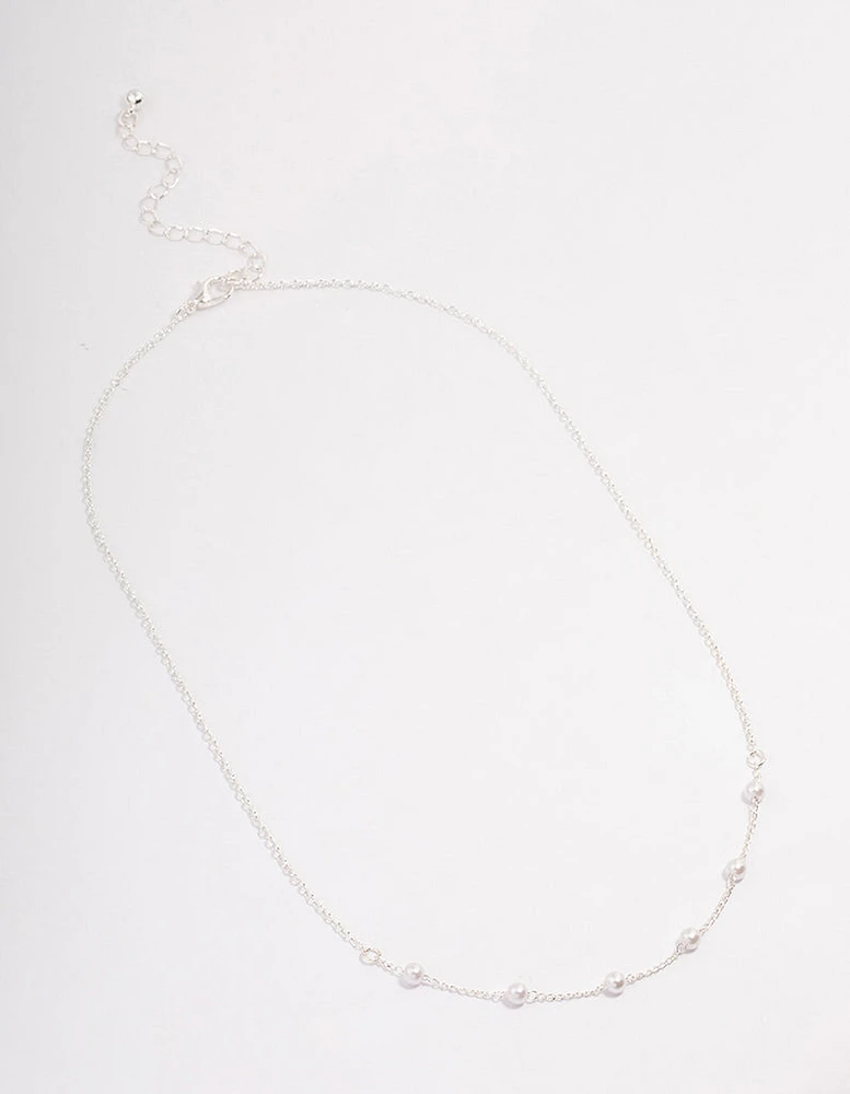 Silver Dainty Pearl Station Necklace