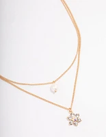 Gold Double Chain Pearl Flower Necklace