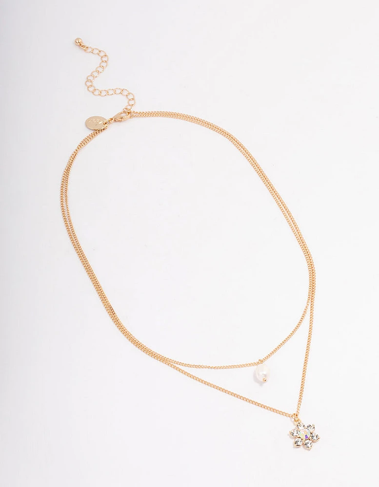 Gold Double Chain Pearl Flower Necklace