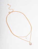 Gold Double Chain Pearl Flower Necklace