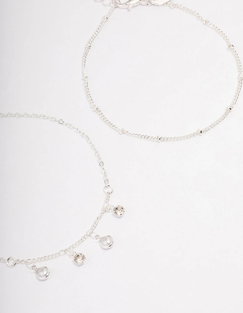 Silver Dainty Diamante & Pearl Bracelet Pack