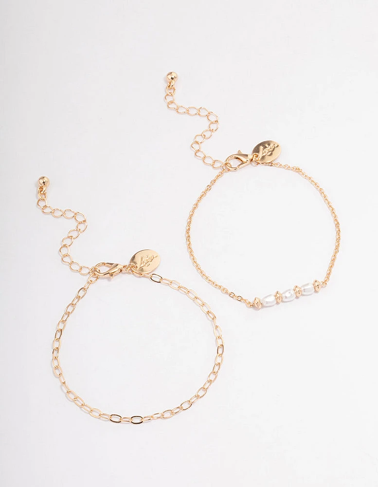 Gold Dainty Pearl & Chain Bracelet Pack