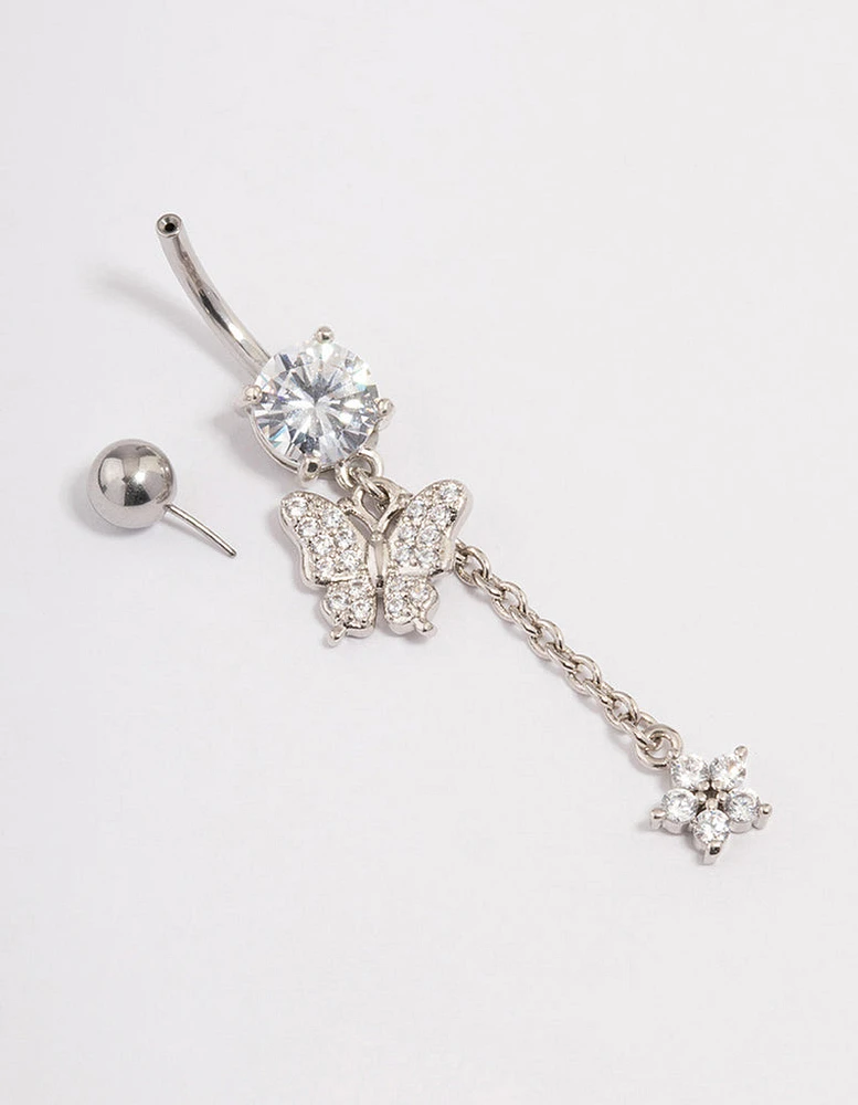 Surgical Steel Cubic Zirconia Butterfly Chain Belly Ring