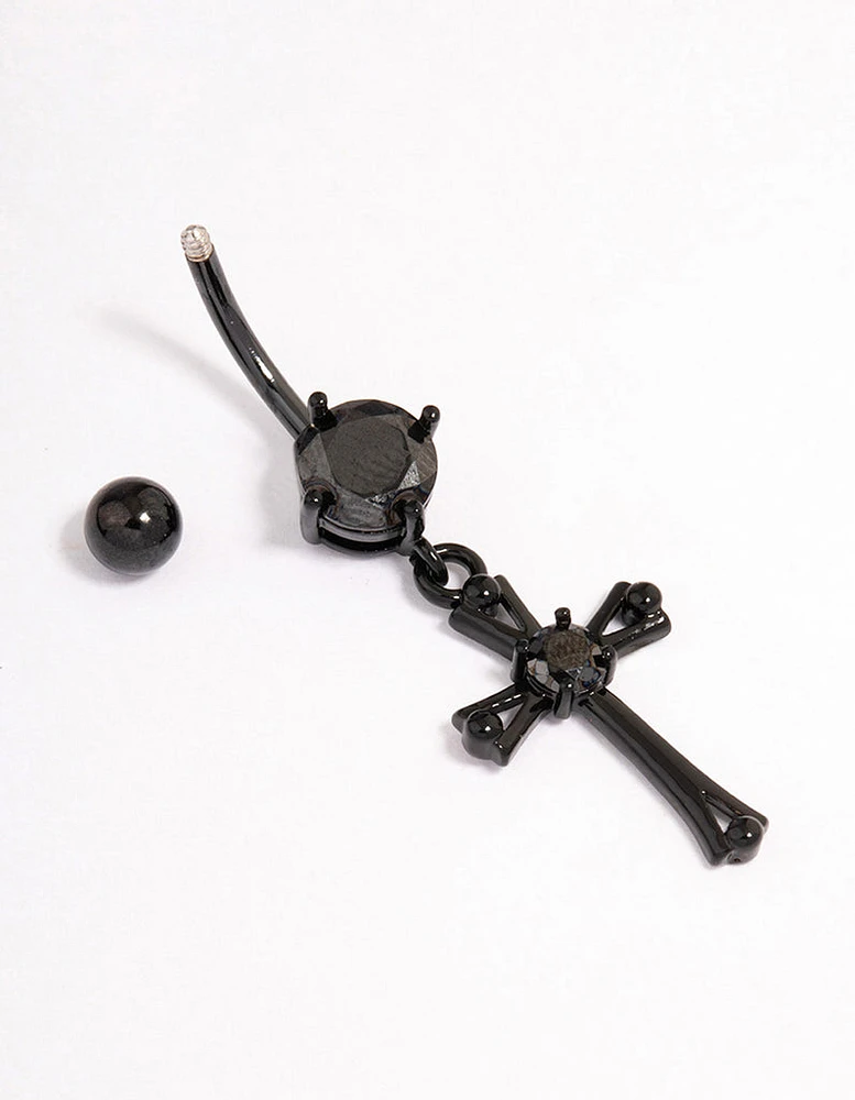 Coated Surgical Steel Cubic Zirconia Cross Drop Belly Ring