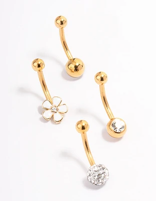 Gold Plated Surgical Steel Bezel & Flower Belly Ring 4-Pack