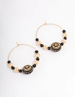 Black Etched Beaded Hoop Earrings