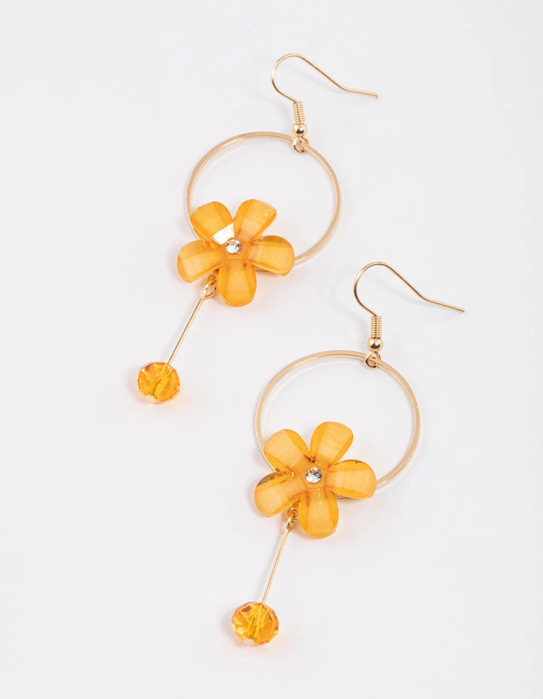 Orange Flower Circle Drop Earrings