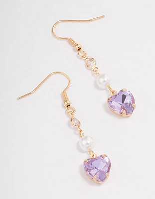Purple Heart & Pearl Drop Earrings