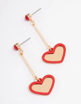 Gold Red Diamante Heart Drop Earrings