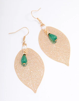 Green Filigree Leaf Beaded Drop Earrings