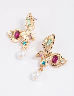 Gold Diamante & Pearl Butterfly Stud Earrings