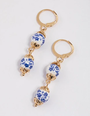 Blue Double Beaded Huggie Drop Earrings