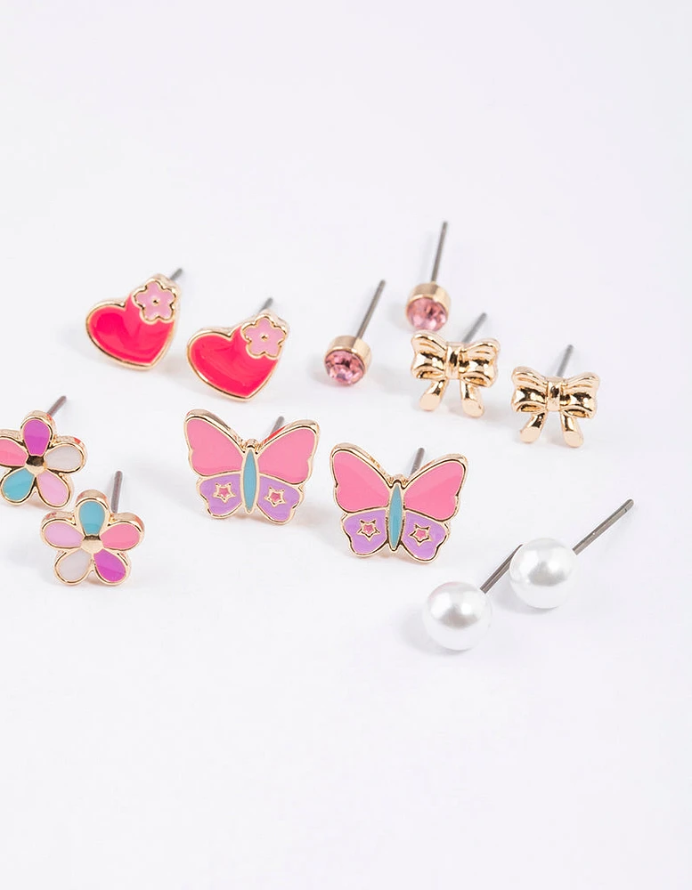 Kids Gold Butterfly Heart Stud Earrings 6-Pack