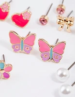 Kids Gold Butterfly Heart Stud Earrings 6-Pack