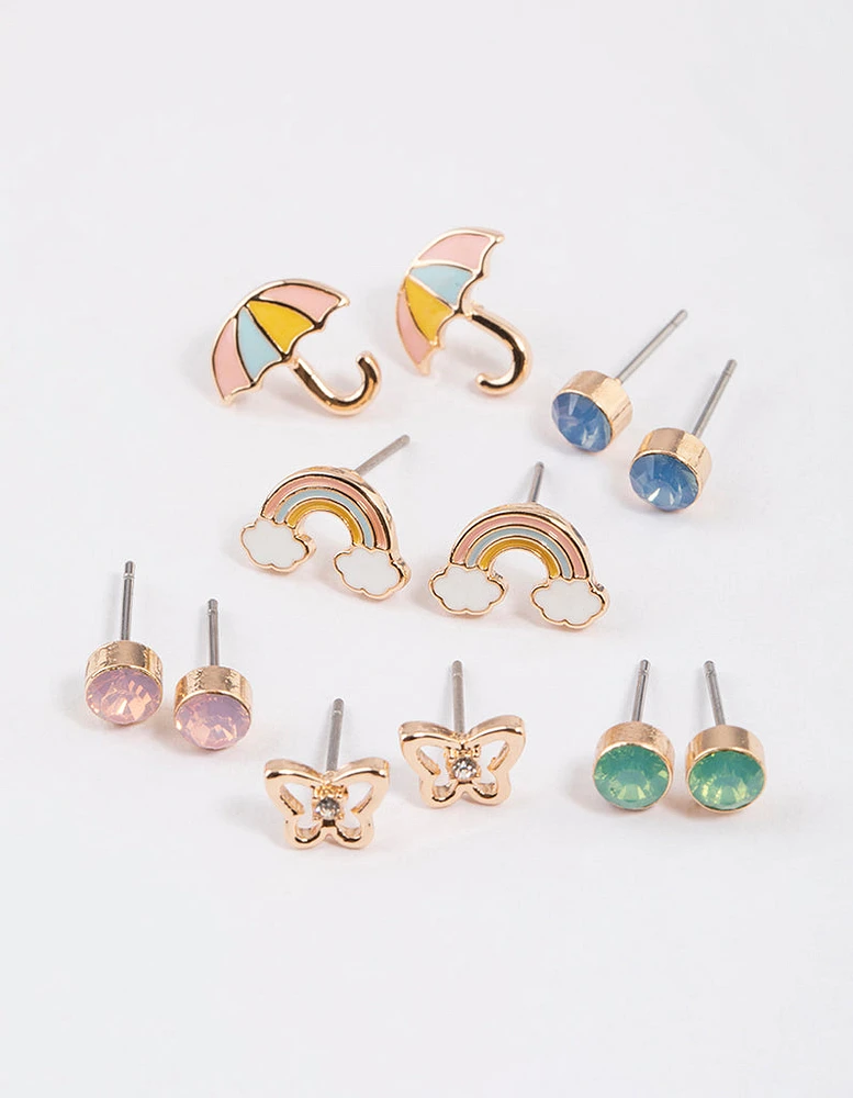 Kids Butterfly Rainbow Stud Earrings 6-Pack