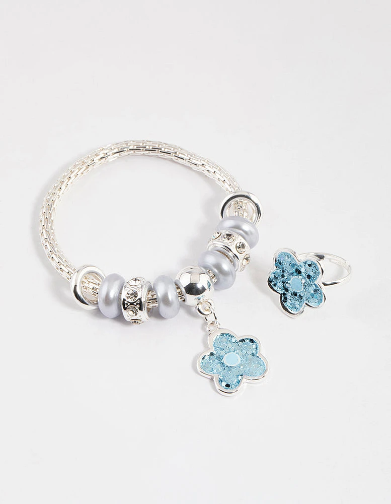 Kids Stretch Glitter Flower Bracelet & Ring Set