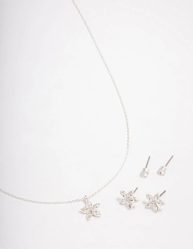 Silver Flower Earrings Jewellery Set