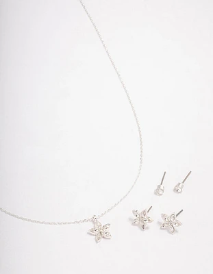 Silver Flower Earrings Jewellery Set