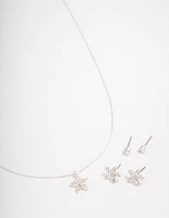 Silver Flower Earrings Jewellery Set