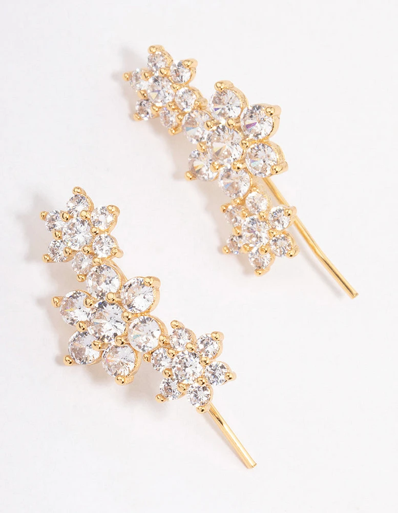 Gold Plated Cubic Zirconia Triple Flower Cuff Earrings