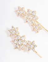 Gold Plated Cubic Zirconia Triple Flower Cuff Earrings