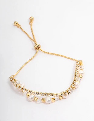 Gold Plated Freshwater Pearl & Facet Cupchain Bracelet