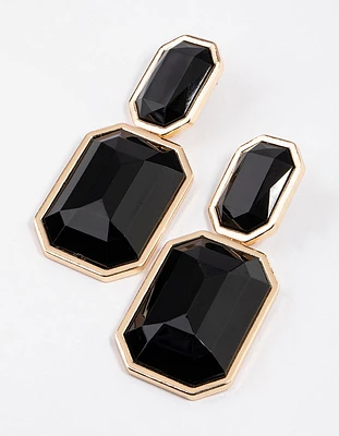 Gold Statement Square Double Stone Drop Earrings