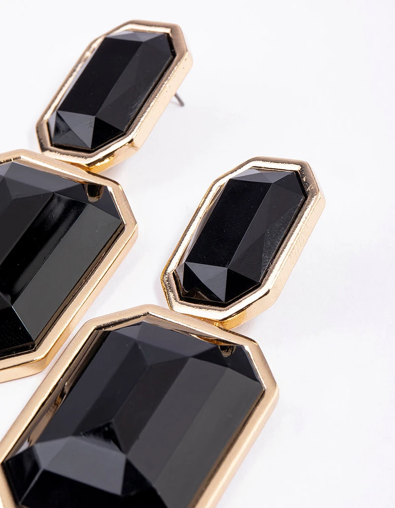 Gold Statement Square Double Stone Drop Earrings