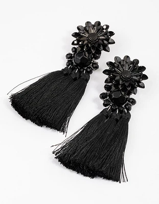 Coated Black Statement Flower Tassel Drop Earrings