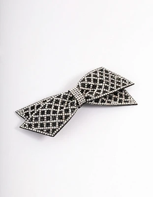 Fabric Black & Silver Diamante Bow Barette Clip