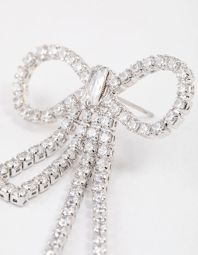 Rhodium Cubic Zirconia Statement Bow Drop Earrings